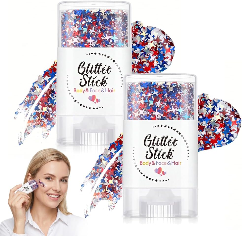 Patriotic Body Glitter Stick - Red, White & Blue Waterproof Face Glitter for 4th of July | 2-Pack