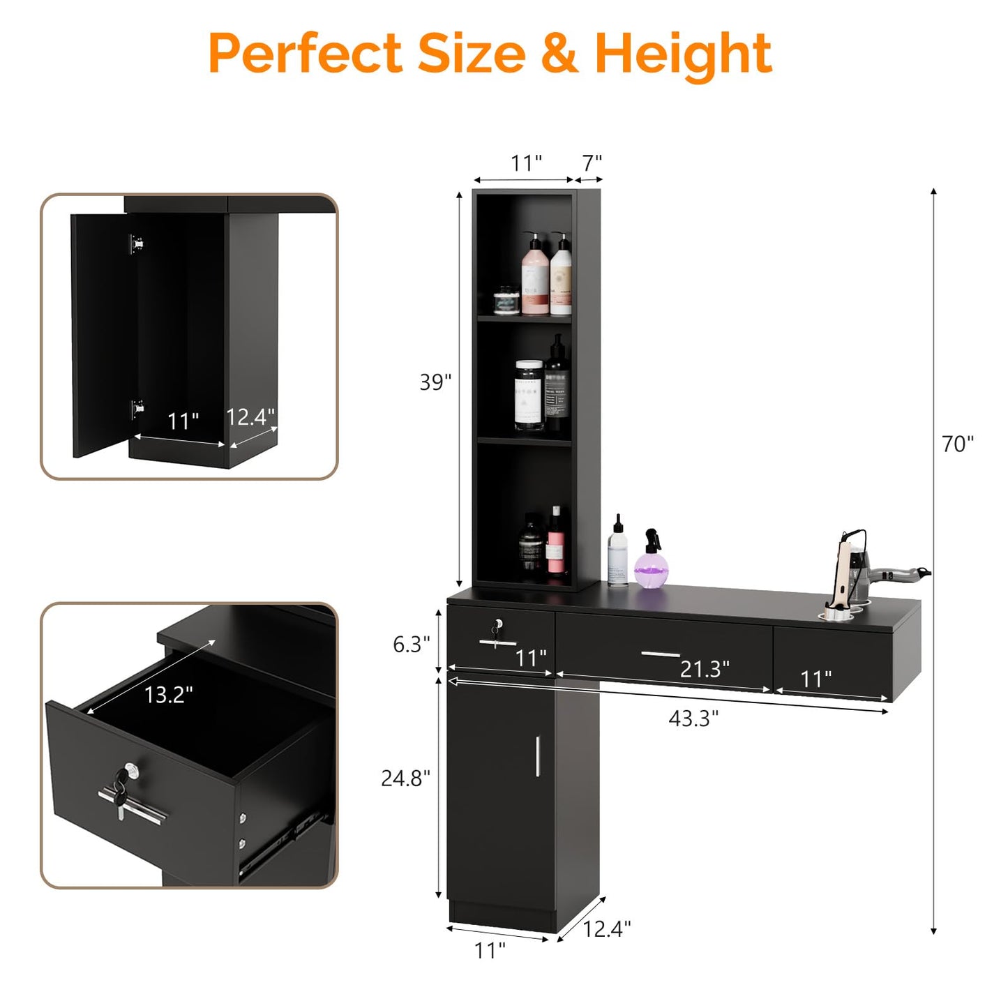 Wall Mount Barber Stations, Salon Stations for Hair Stylist, Hair Styling Equipement Set with a Storage Cabinet