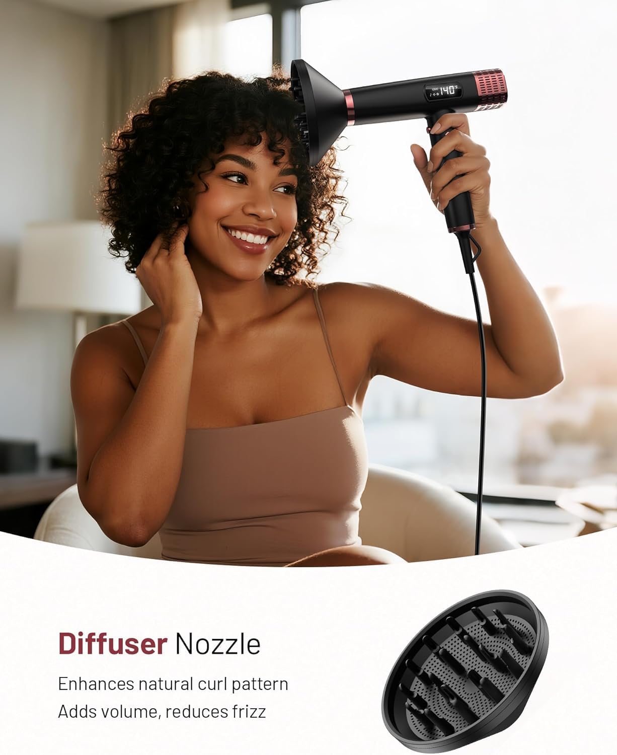 Travel Hair Dryer with Diffuser - 1875W Ionic Fast Drying & Frizz Control | Lightweight, Dual Voltage (110-240V) - Black
