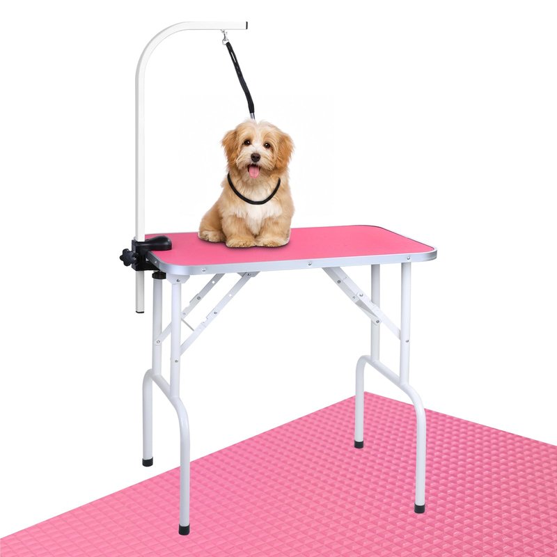LEIBOU Pet Dog Grooming Table Foldable Grooming Table Heavy Duty Iron Frame with Arm & Noose for Dog Cat Pet Grooming (32'', Pink)