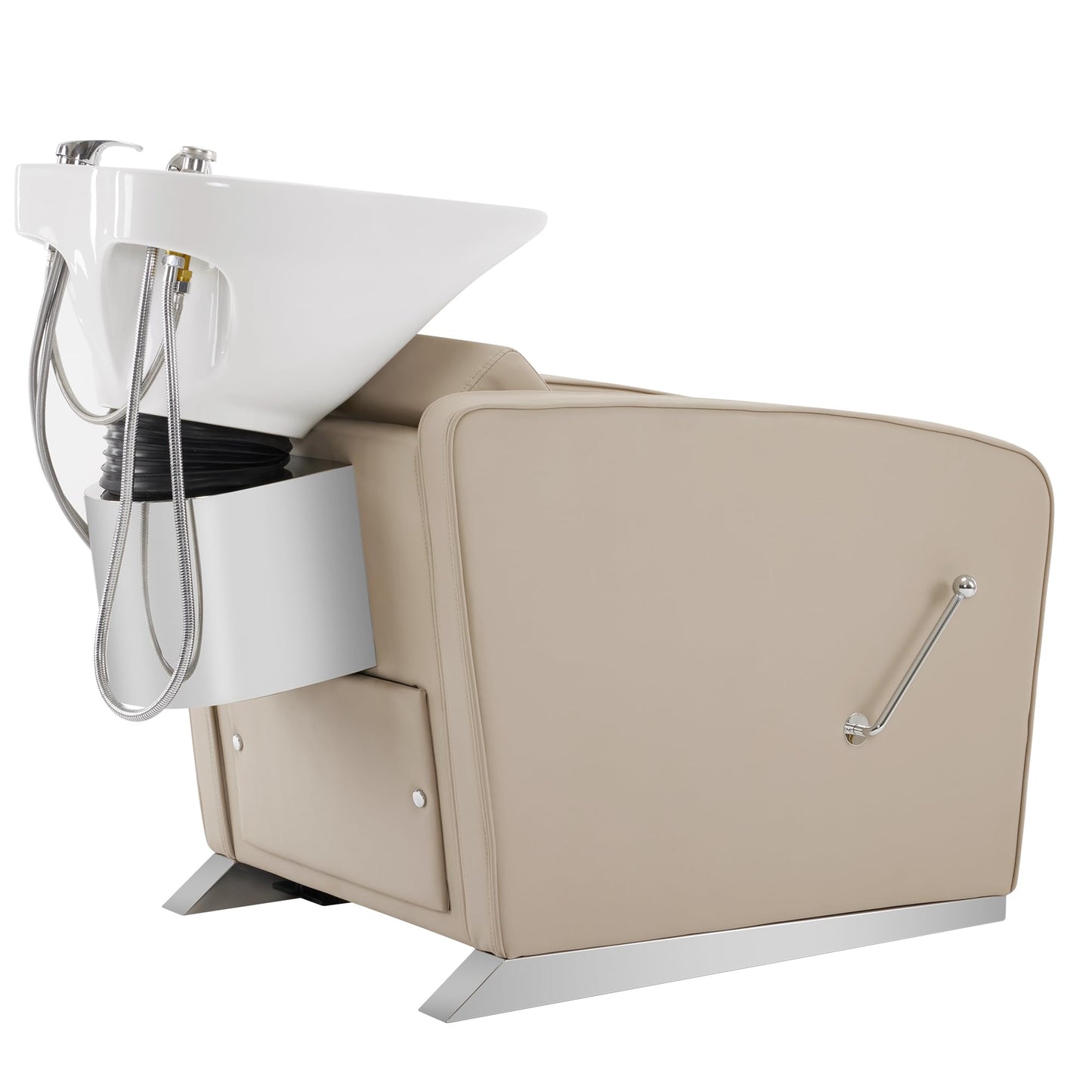 BarberPub Backwash Shampoo Station Chair, Adjustable Porcelain Ceramic Hair Wash Bowl Sink Unit Station, Reclining Shampoo Station Chair for Spa Beauty Salon Hair Salon Equipment 9303 (Beige)