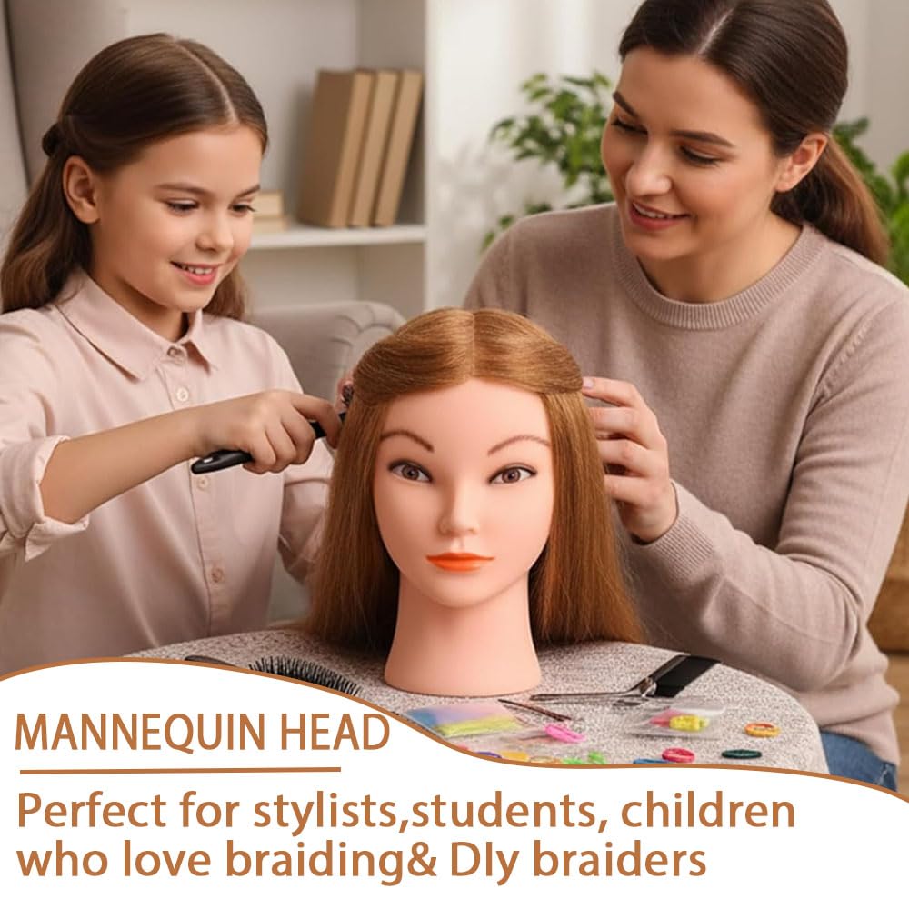 Real Hair Mannequin Head - 18” Brown Cosmetology Training Doll with Clamp & Styling Tools