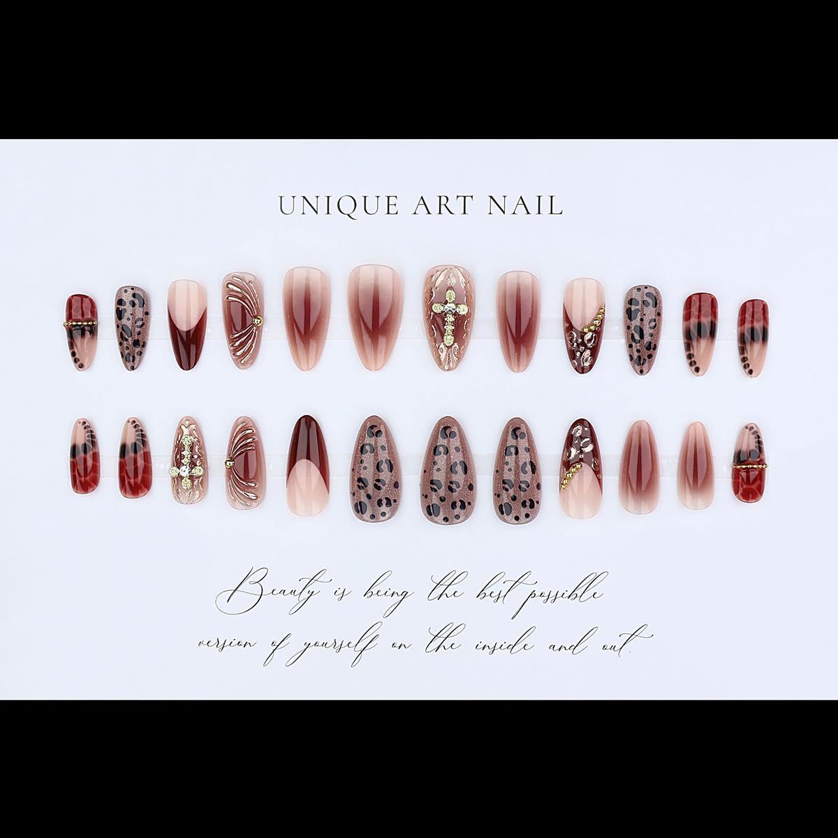 French Tip Almond Press-On Nails - Cat's Eye Acrylic with 3D Charms | 24 Pcs Set