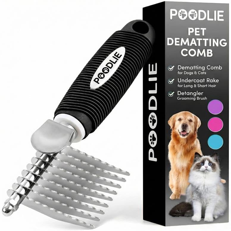 Poodle Dematting Fur Rake Comb - 2.5" Steel Blades for Dogs & Cats | Detangle Matted Undercoat Hair