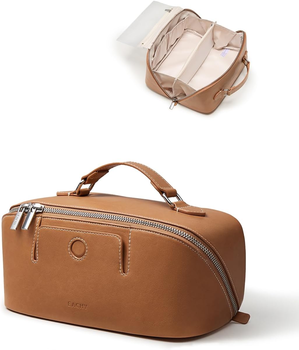 Travel Makeup Bag - Large Capacity Waterproof PU Leather Cosmetic Organizer | Flat Open Design for Skincare & Brushes