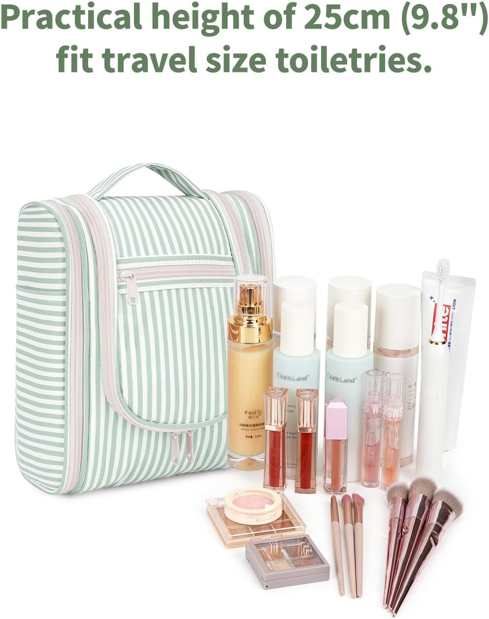 Narwey Travel Toiletry Bag - Small Striped Makeup Organizer for Women | Mint Green Stripe
