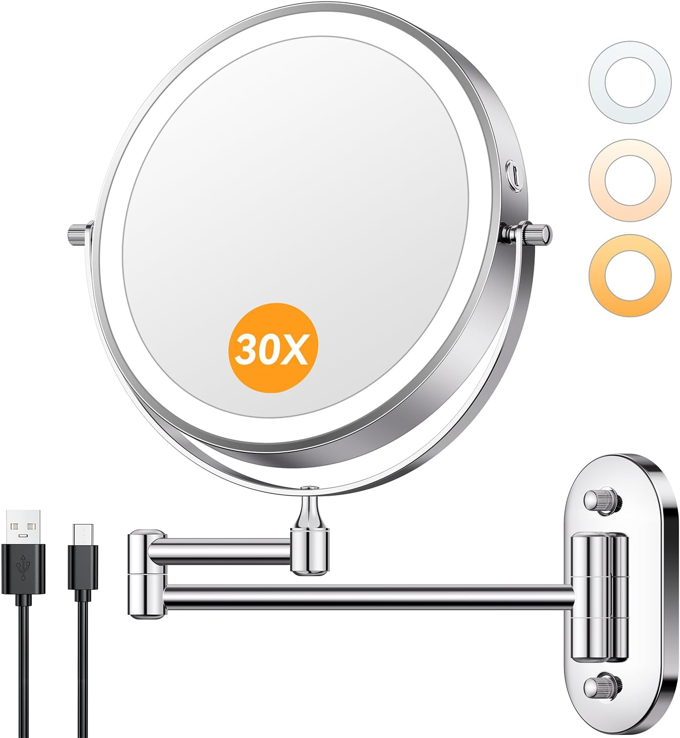 Lighted Makeup Mirror - 1X/30X Double-Sided Magnifying Mirror with 3 Color Touch Dimmable Lights | 8" Rechargeable, 360° Rotating Arm, Brushed Nickel