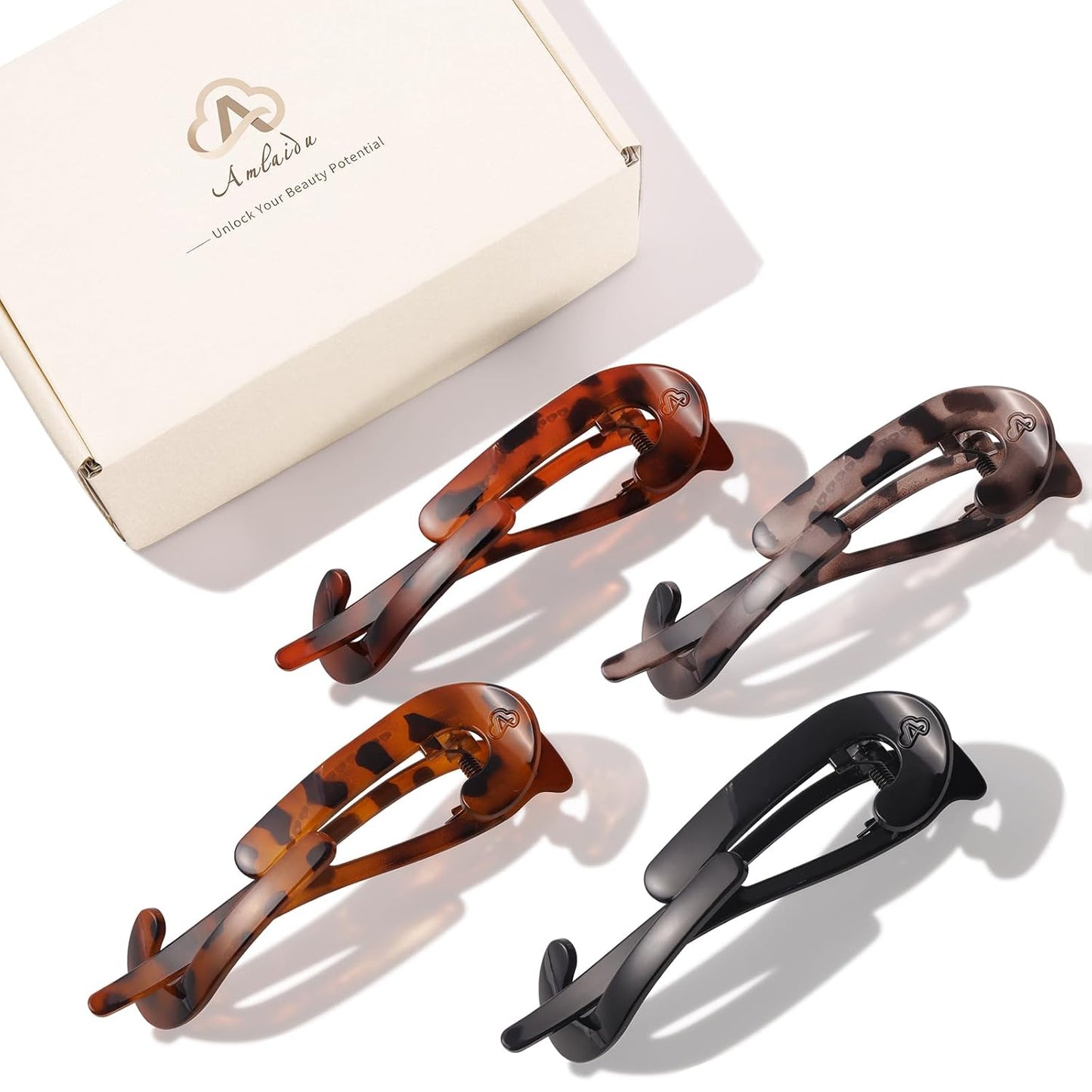 Large Twist Flat Hair Clips - Stylish Tortoise Claw Clips for Medium Thick Hair | 4-Pack for Long, Curly Styles