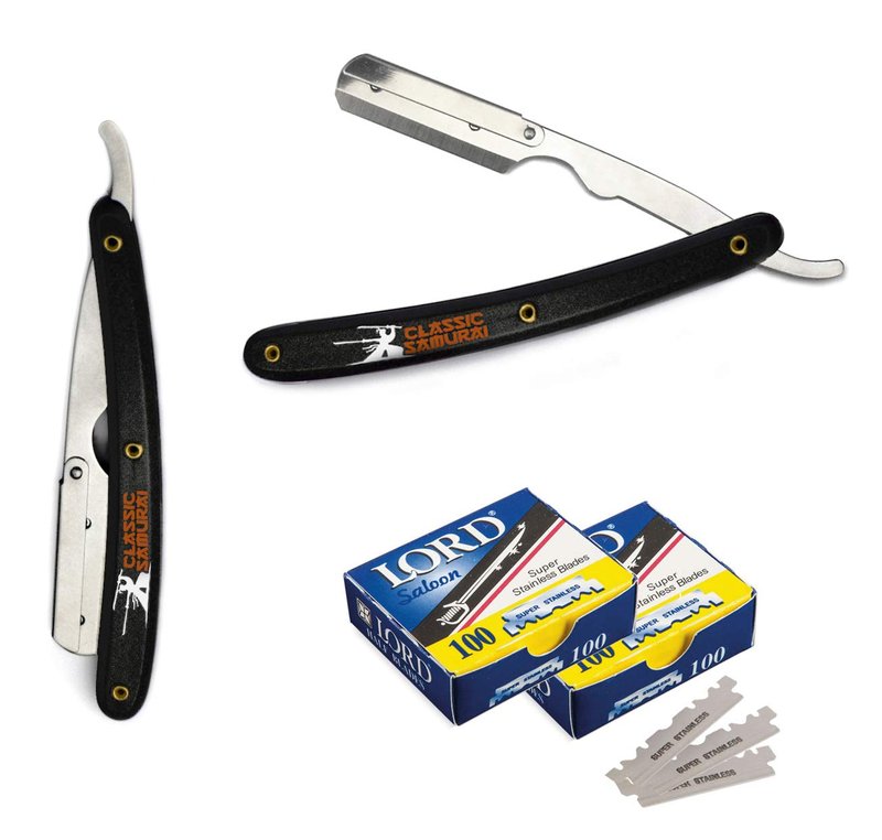 Classic Samurai Stainless Steel Professional Barber Folding Straight Edge Razor Shavette Men's Shaving Kit with 200 Count Lord Single Edge Razor Blades (Black)
