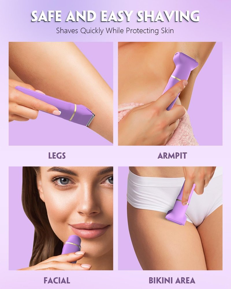 Bikini Trimmer for Women - Painless Electric Razors-Cordless Body Shaver for Trip,Replaceable Lady Facial Razor, IPX7 Waterproof&Easy Cleaning, Ceramic Blade, USB Charge Purple
