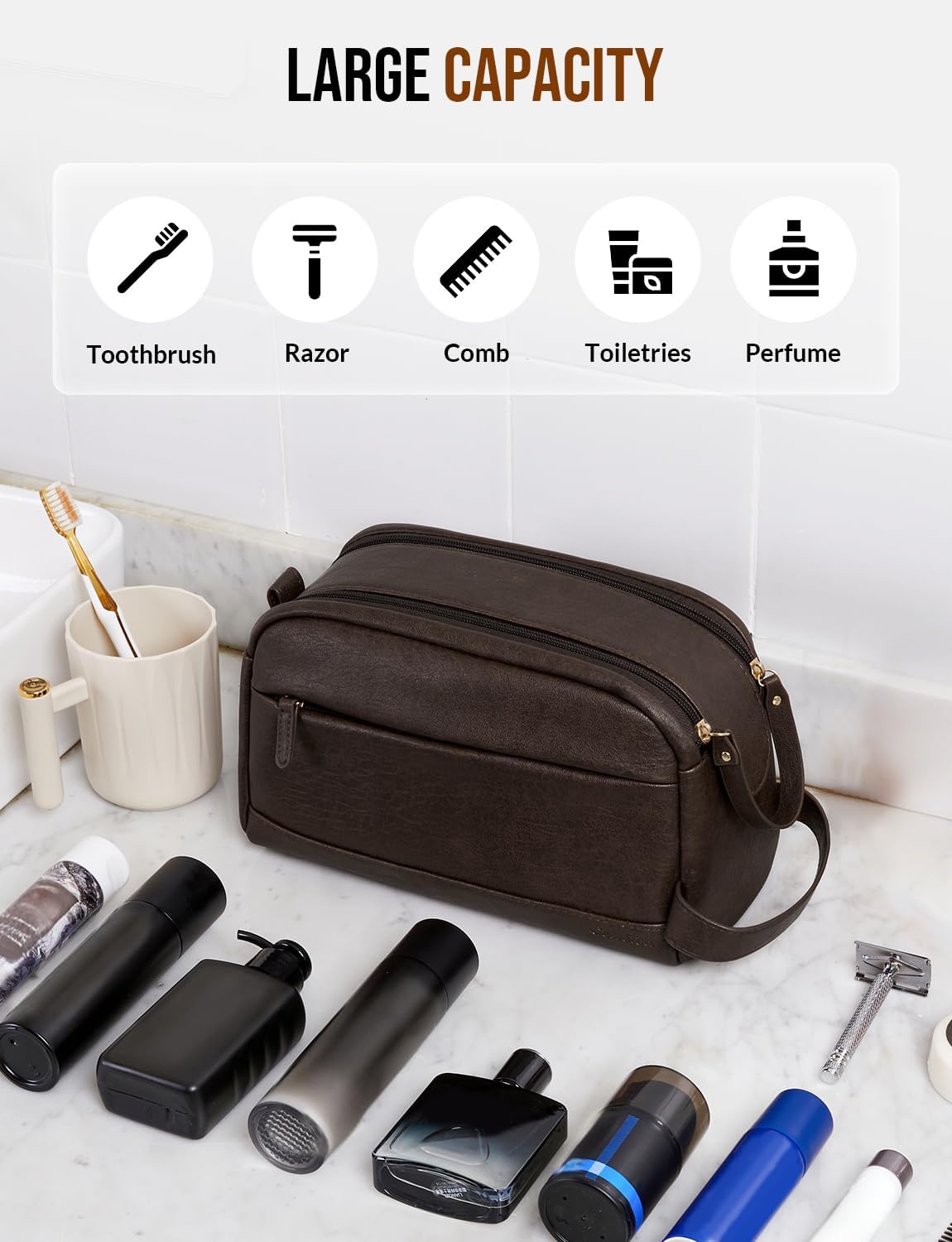 Toiletry Bag for Men - Water Resistant PU Leather Travel Organizer | Dark Brown