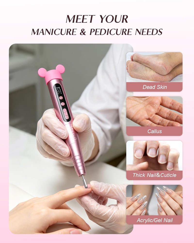 JOREST 13-in-1 Cordless Electric Nail Drill Kit - 35,000 RPM Rechargeable Manicure Tool | LED Display, Rose Pink