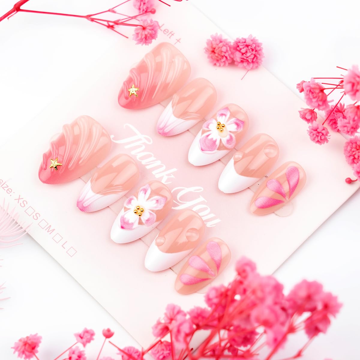 3D Pink Flower Press On Nails - Nude Pink Gradient French Tip with Water Drop & Gold Starfish Decor | Medium Almond, 30 Pcs for Weddings