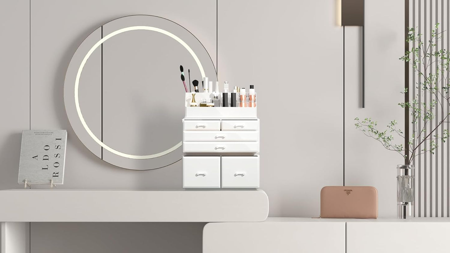 Makeup Organizer - 3-Piece Cosmetic Storage Case with 6 Drawers | White