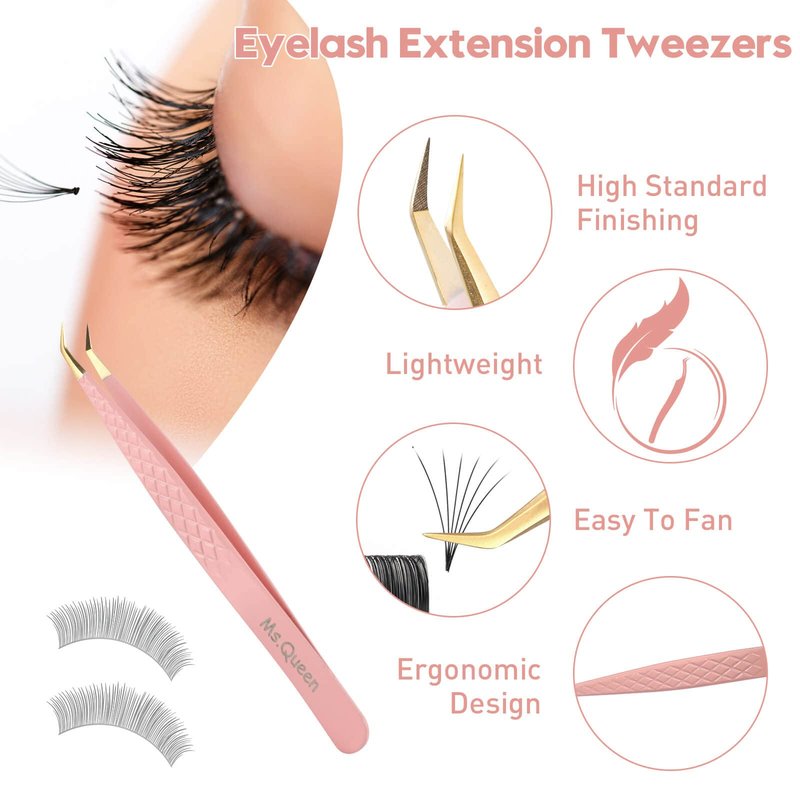 Ms.Queen Lash Tweezers for Eyelash Extensions, Professional Curved Tip Lashing Tweezers for Isolation and Individual Volume Lashes Extension