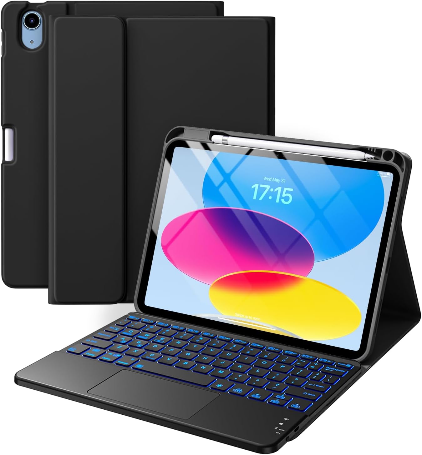 iPad 11th & 10th Gen Case with Keyboard - Folio Cover, Pencil Holder, Multi-Touch Trackpad, 7 Color Backlit | Navy Blue