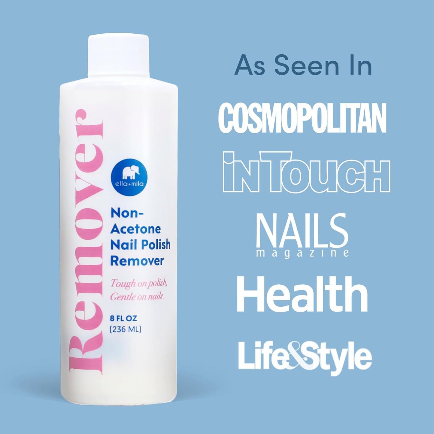 Ella+mila Nail Polish Remover - Gentle Non-Acetone Formula | Nourishing & Vegan, 8oz