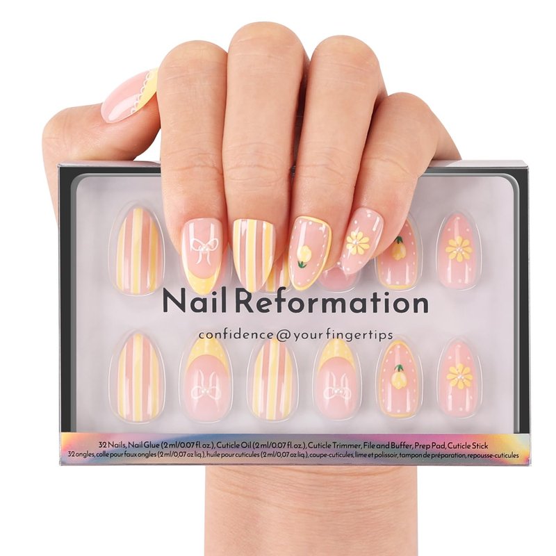 Press On Nails - Lemon Tart Soft Pink Short Almond with Wavy Yellow French Tips & 3D Jewels | 32 Pcs in 16 Sizes