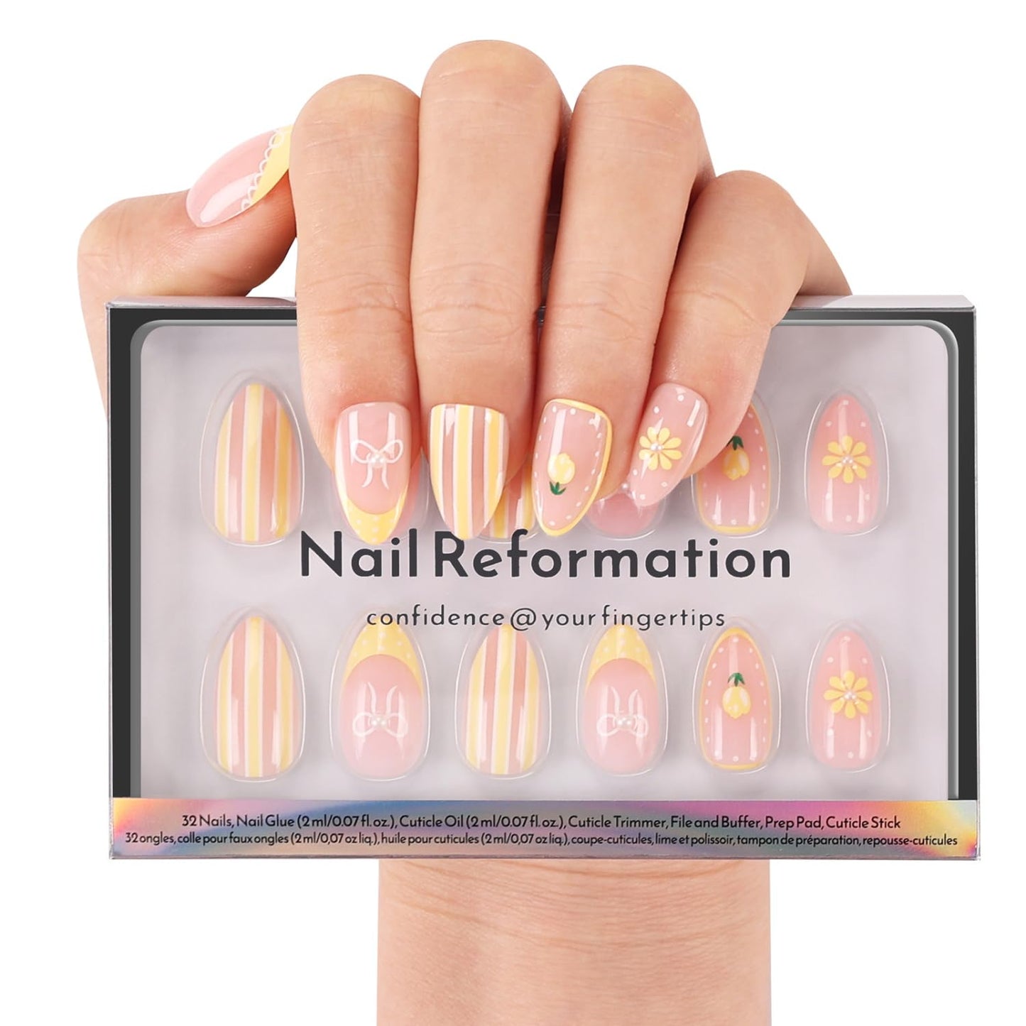 Press On Nails - Strawberry Seed Milky Pink Almond Fake Nails with Red Polka Dot French Tip | Glossy Reusable 32 Pcs in 16 Sizes - Perfect Manicure Gifts for Women
