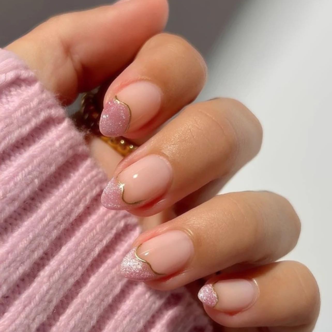 Cat Eye French Tip Press-On Nails - Nude & Pink Short Almond | Reusable Glue-On Nails with Gold Line for Weddings & Parties