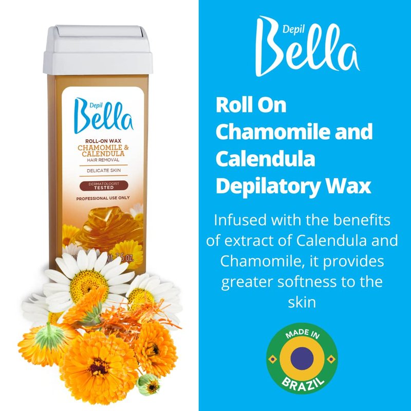 Depil Bella Brazilian Roll On Wax Chamomile and Calendula Depilatory | Body Waxing, Hair Removal Wax-Cartridge | For Men and Women | Home Self Waxing | Sensitive Skin | Painless (10 PACK + ADD)