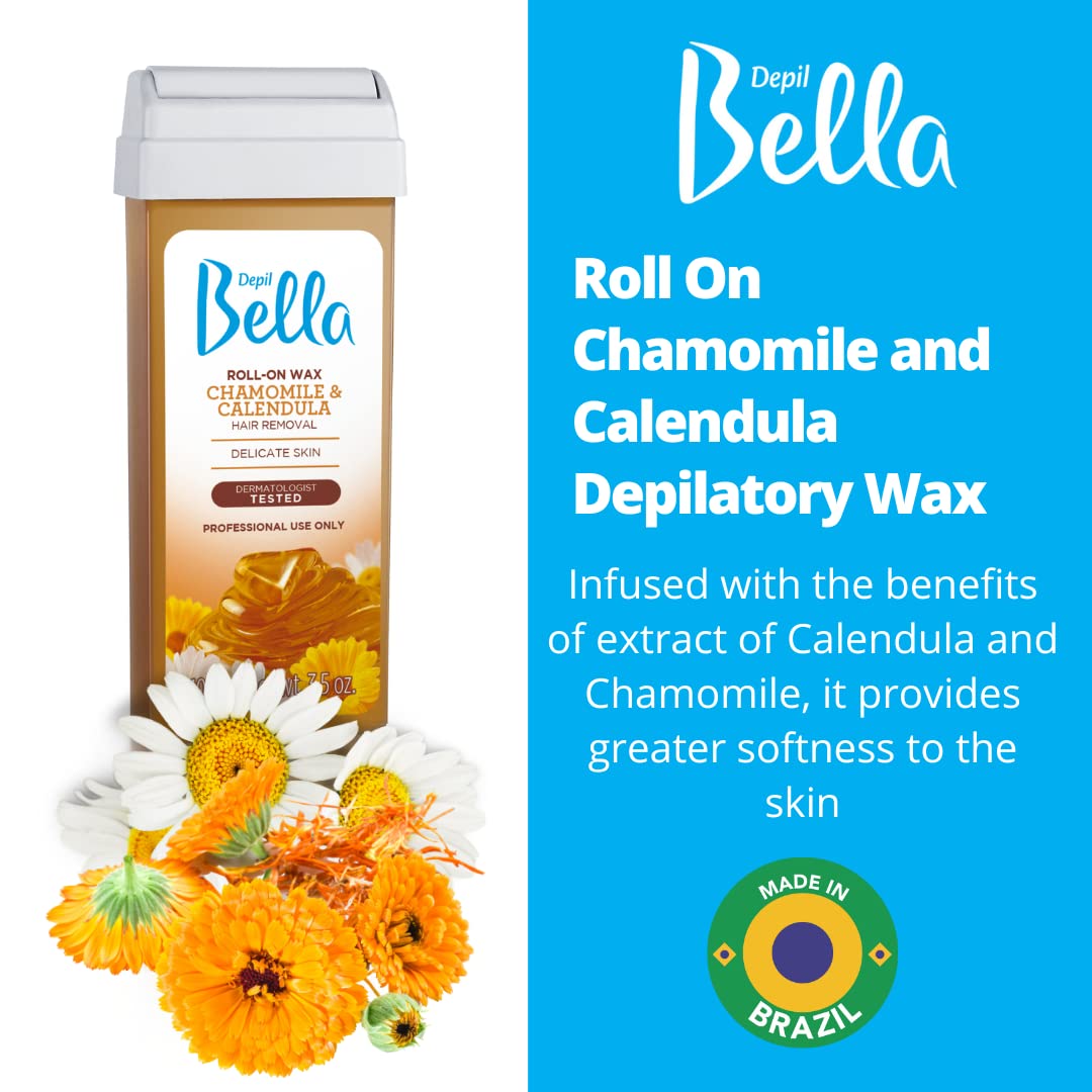 Depil Bella Brazilian Roll-On Chamomile and Calendula Depilatory Wax | Body Waxing, Hair Removal Wax-Cartridge | For Men and Women | Home Self Waxing | Sensitive Skin | Painless (6 PACK+ ADD)