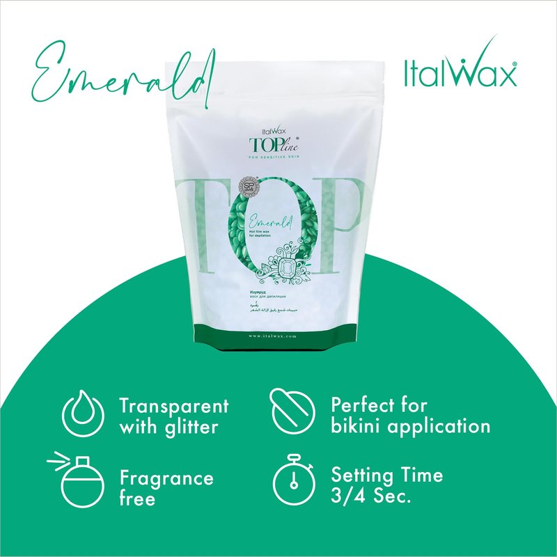 Italwax Top Line Emerald Hard Wax Beads 1.65 lb (750 g) – Ultra-Flexible Unscented Jelly Wax for Large Areas, Thin-Layer Application for Arms & Legs, Professional Use – Made in Italy
