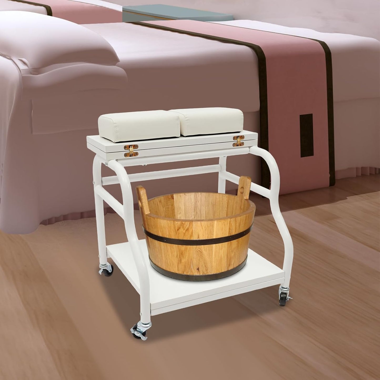 Pedicure Cart - 2-Tier Portable Foot Bath Trolley for Nail Salons | Foldable Rolling Manicure Storage Cart (White)