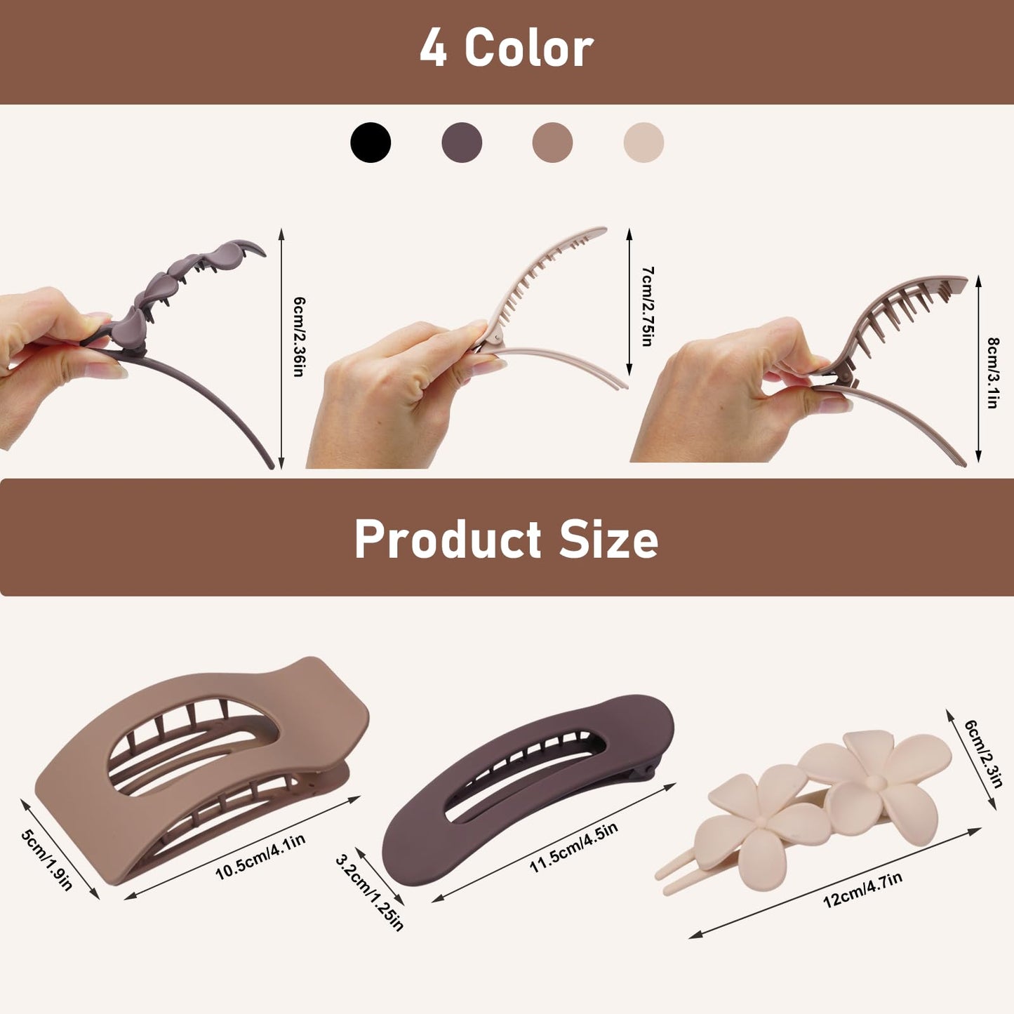 12 Pack Flat Hair Clips for Women – Matte Neutral Square Claw Clips, Flat Barrettes & Flower Pins in Black, Blonde,Light Brown & Dark Brown, Soft Touch Hair Accessories for Thick & Thin Hair