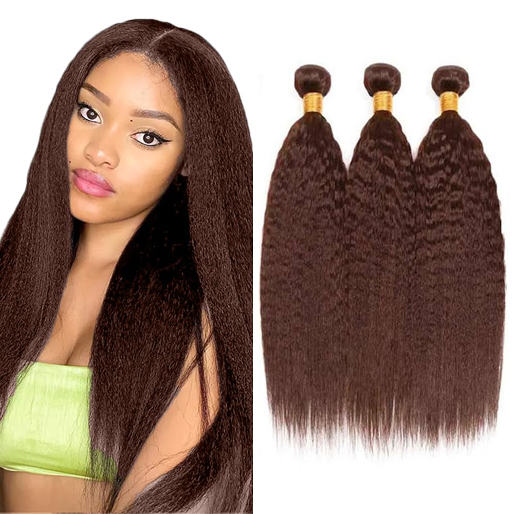 #4 Brown Bundles Human Hair Yaki Straight Bundles 22 24 26 Inch Chocolate Unprocessed Brazilian Virgin Hair Deals Quick Weave Hair Extensions 3 Bundle 50 Gram Per Bundle
