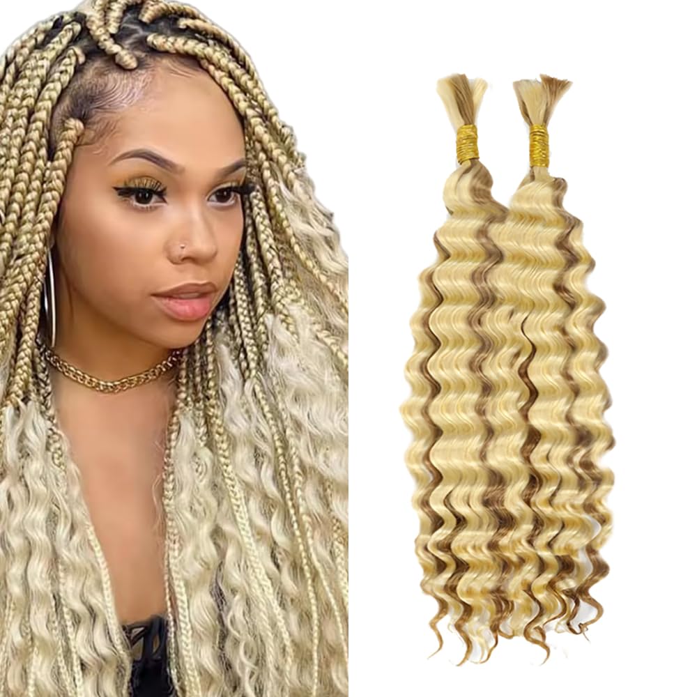 613 Boho Human Hair Blonde Boho Hair For Braiding Highlight Blonde Braiding Pre Stretched Deep Curly Wave Ombre 613 Braids No Weft HuxoWax Color 613 Braids 22 22 Inch