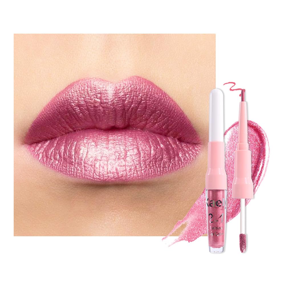 Kaely 2-in-1 Mauve Metallic Lipstick and Lip Liner Makeup, Shimmer Liquid Metallic Lipsticks for Women, Glitter Lip Gloss Stain Long Lasting Waterproof Smudge Proof 24 Hour, Vegan & Cruelty-Free, 16