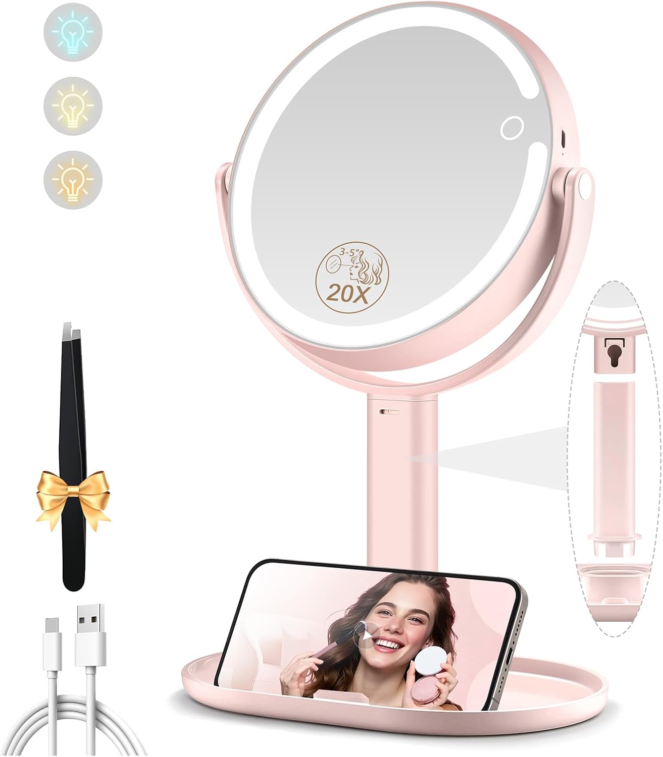 Makeup Mirror with Lights - Double-Sided 1x/20x Magnifying, Rechargeable, 3 Color Options | 360° Rotation, Black