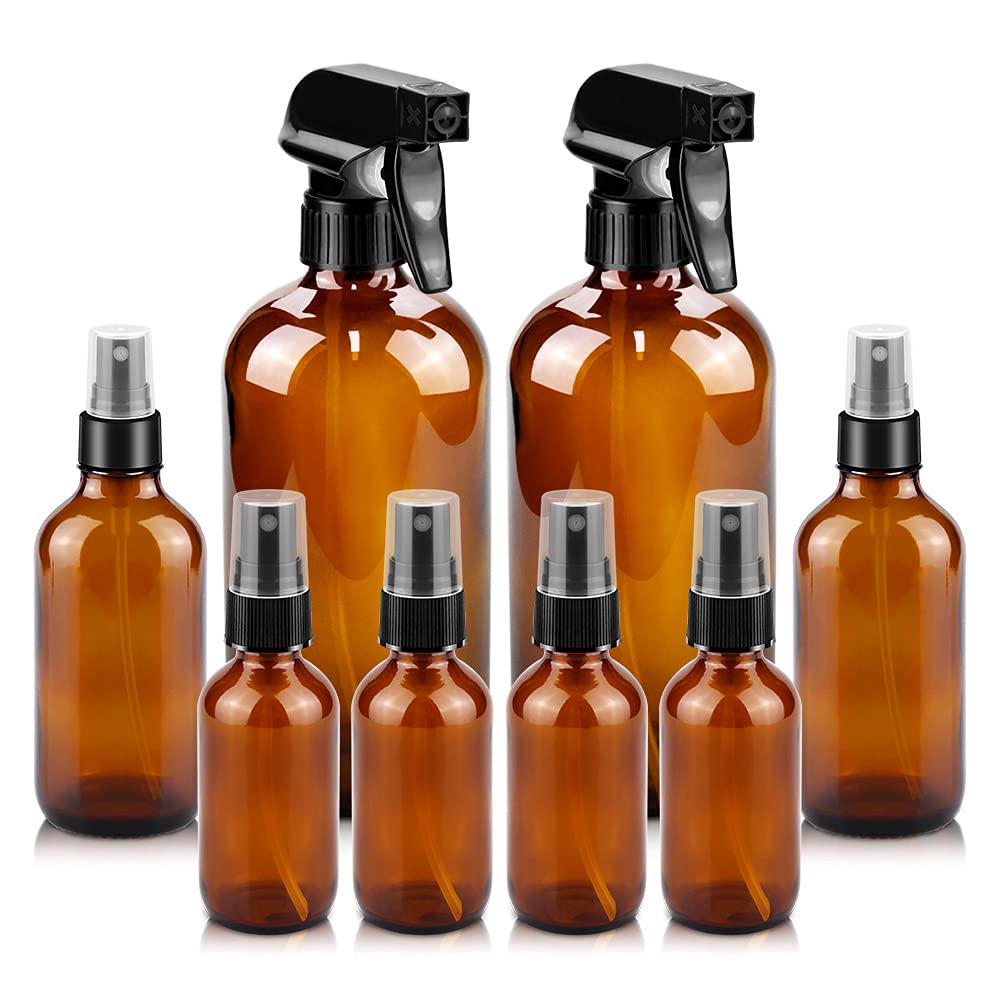 Glass Spray Bottles Set - 16oz & 4oz Refillable Containers with Adjustable Nozzle for Cleaning, Gardening, Aromatherapy | Amber