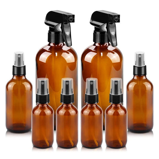 Glass Spray Bottles Set - 16oz & 4oz Refillable Containers with Adjustable Nozzle for Cleaning, Gardening, Aromatherapy | Amber