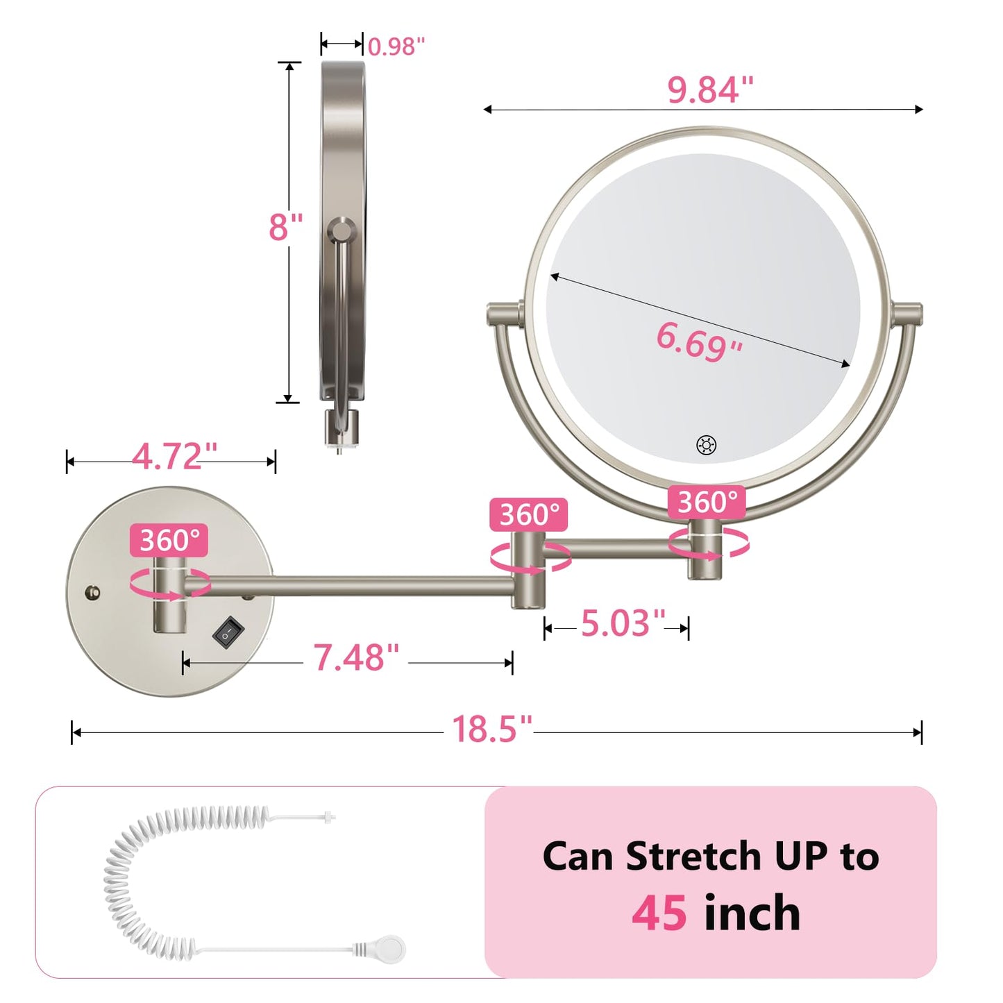 Wall Mounted Makeup Mirror with Lights, 30X/1X Double-Sided Magnifying, Plug-in Lighted Vanity Mirror with 3 Color Modes, Dimmable Brightness, 360° Swivel Extendable Arm for Bathroom & Grooming