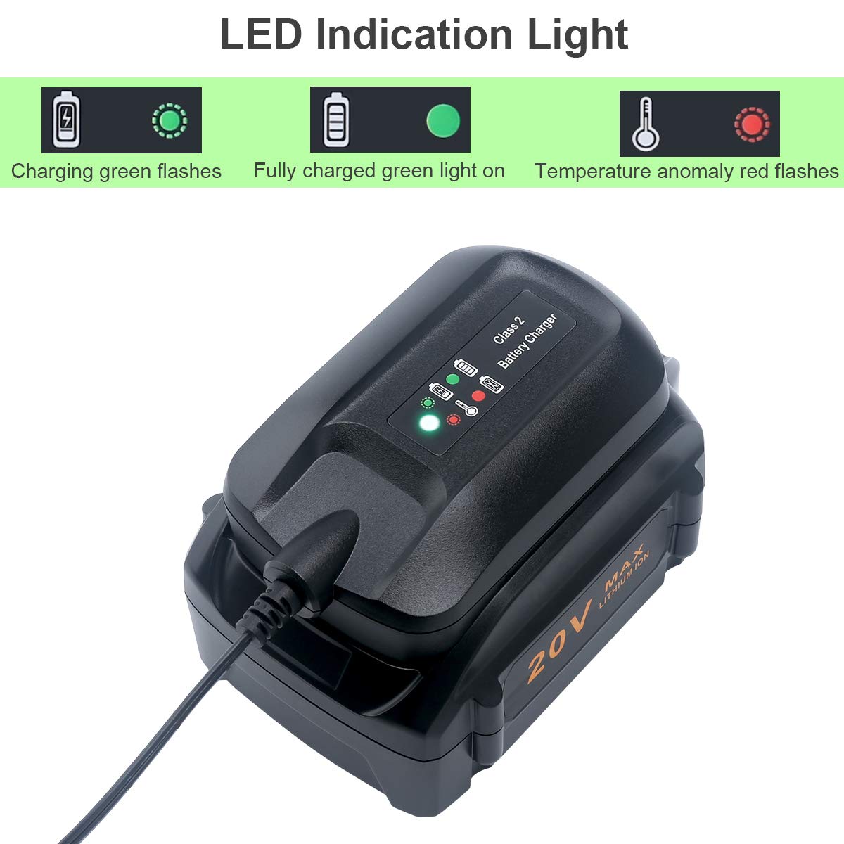 Lasica Replacement for Worx Battery Charger 20V WA3742 Compatible with Worx 20V Lithium Battery WA3520 WA3525 WA3578 WA3575 WA3522 WA3732 WA3770 WA3875 WA3881 Battery Charger