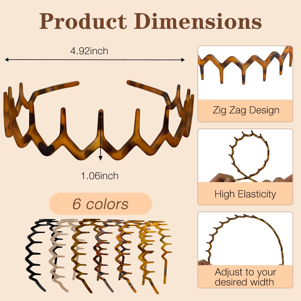 Zig Zag Headbands for Women - Non-Slip Hair Bands | 6 Pack, Retro Style Hair Accessories for Daily Use