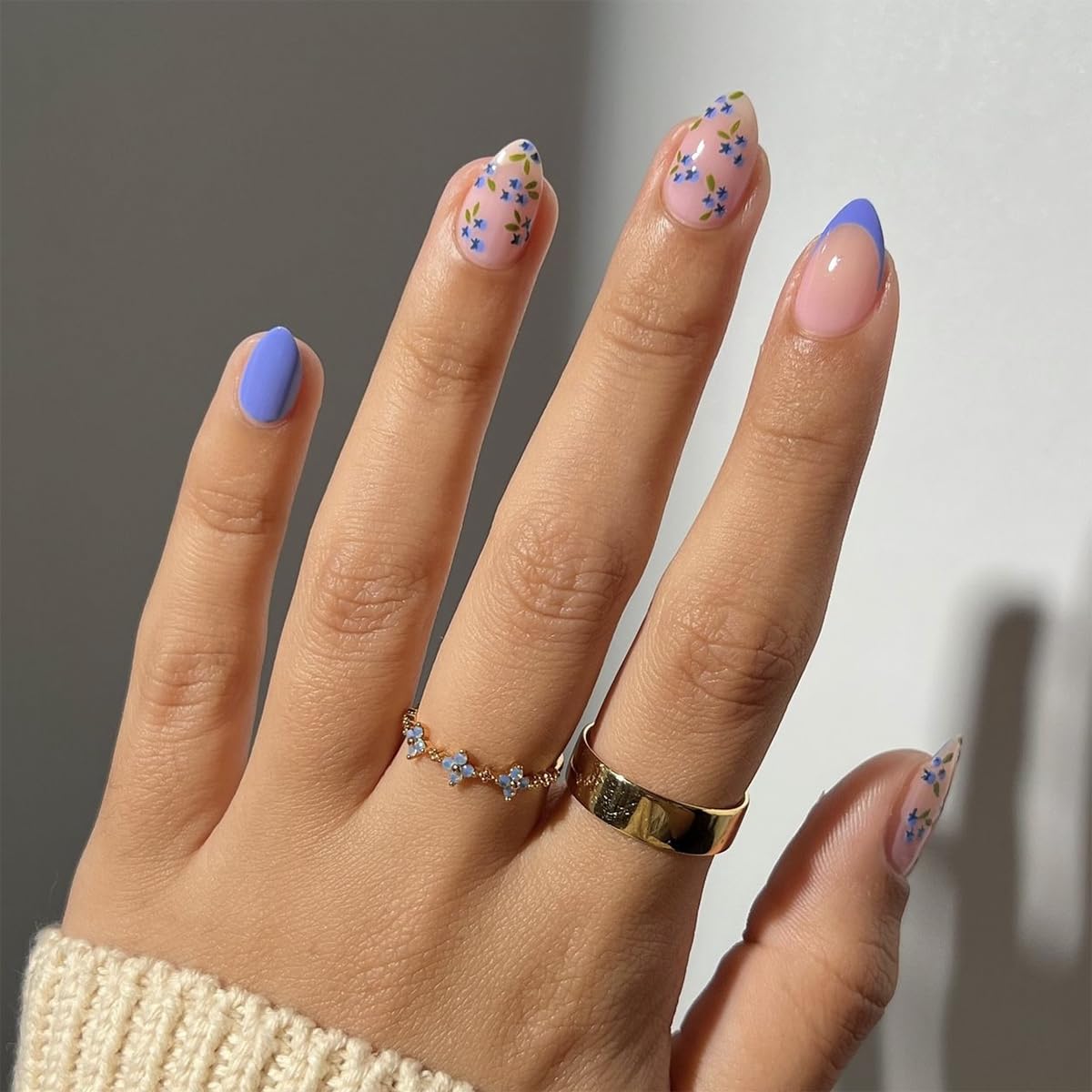 Short Almond Press-On Nails - French Tip & 3D Gold Star Design | Glossy Full Cover Acrylic, Reusable Fake Nails for Women