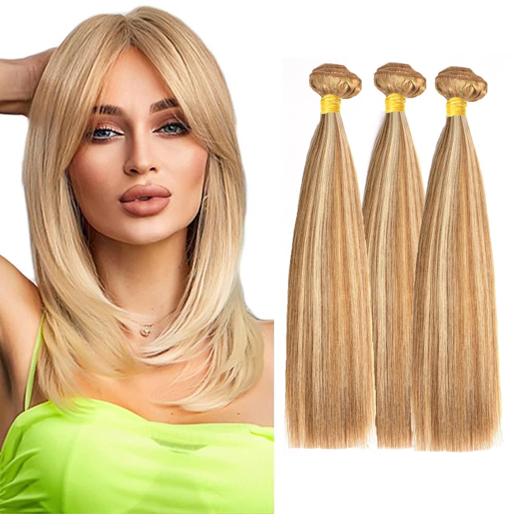 P27/613 Highlight Honey Blonde Bundles Human Hair Straight Bundles 18 18 18 Inch Blonde Straight Bundle Unprocessed Brazilian Virgin Weave Hair 3 Bundle 50 Gram Per Bundle