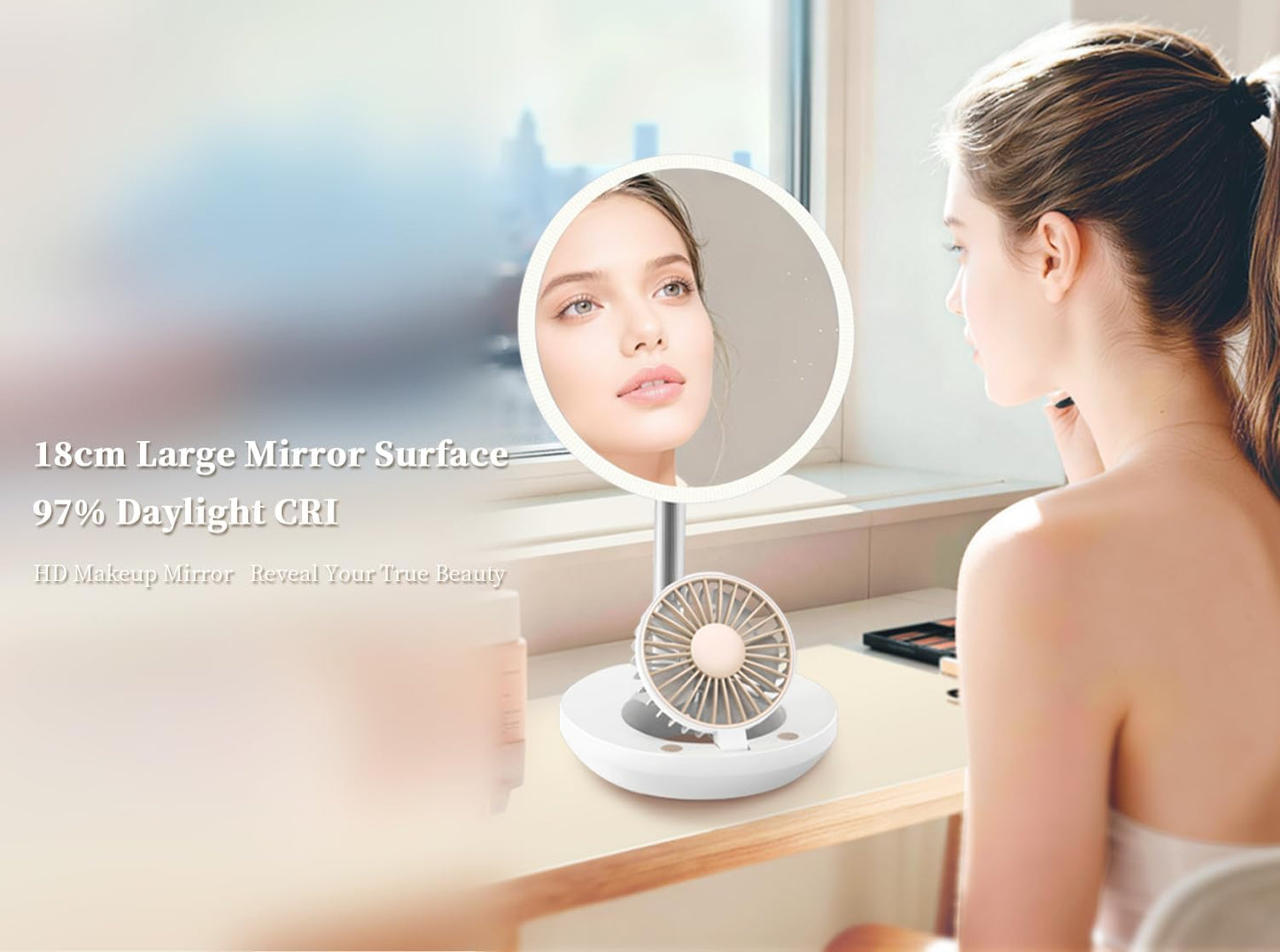 LED Makeup Mirror - 3-in-1 Rechargeable Vanity Mirror with Fan & Ring Light | 3 Color Modes, Stepless Dimming, Portable (White)