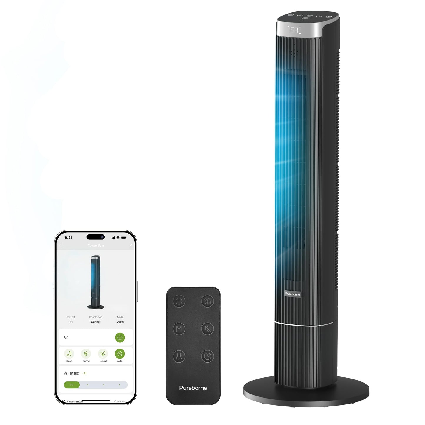 Pureborne 42” Tower Fan for Home Bedroom, WiFi, 25dB Ultra-Quiet, Black