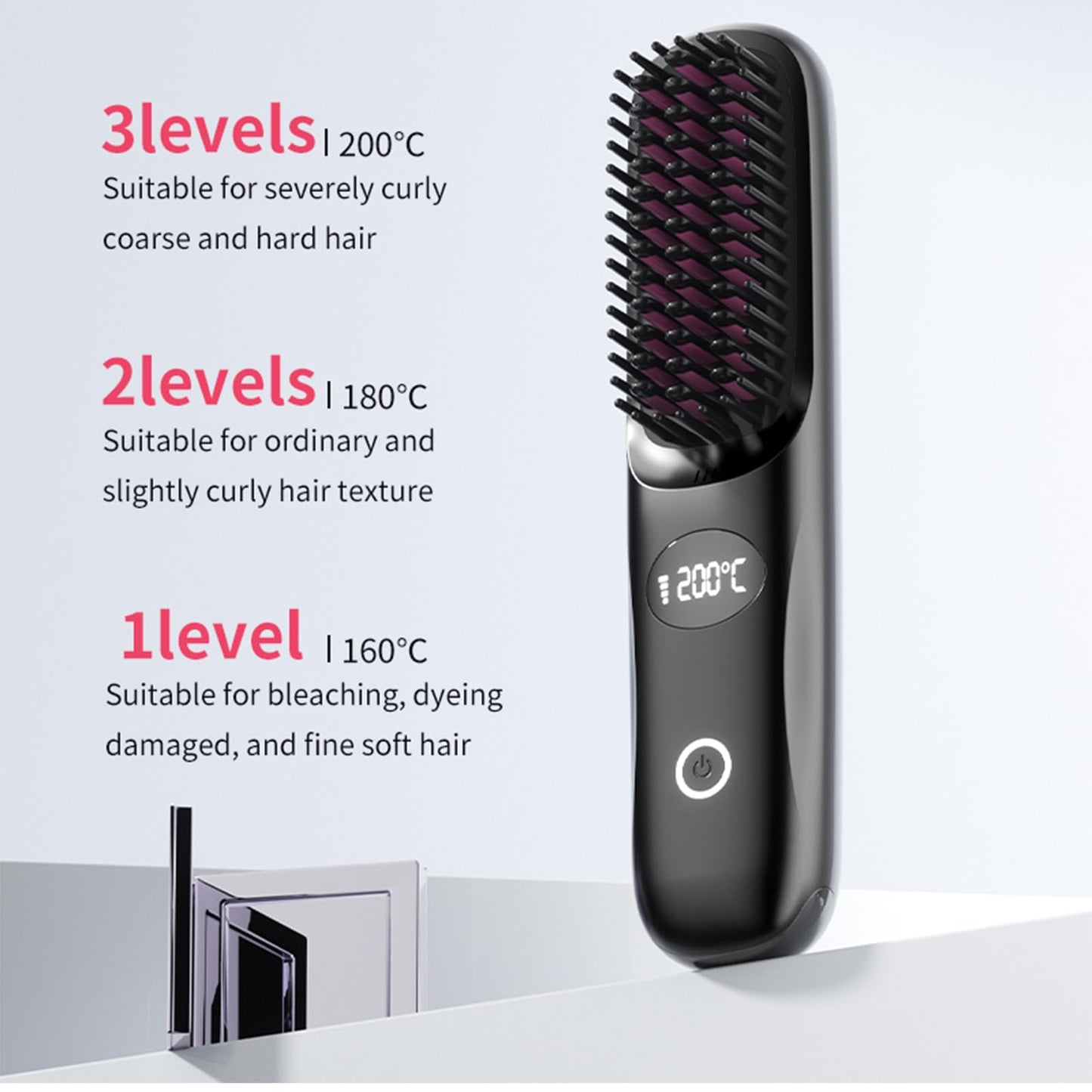 Cordless Hair Straightener Brush, Go Brush Pro, Portable Mini Straightening Brush for Women with 3 Temperature Settings LED Display, Fast Heating Hair Straightener Comb for Travel Smooth Frizz Hair