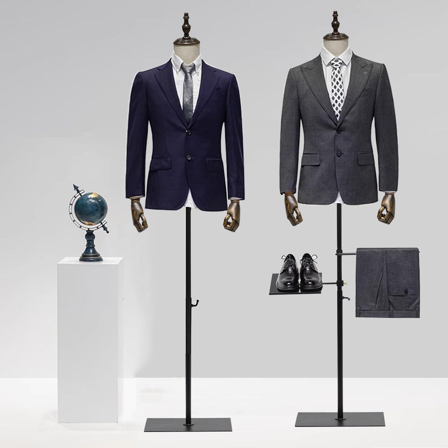 53-76inch Male Mannequin Torso with Wooden Arms Metal Stand, Height Adjustable Dress Form Male with Detachable Trousers Rack and Shoe Holder, Pinnable Torso Display for Clothing Retail Sewing Shop