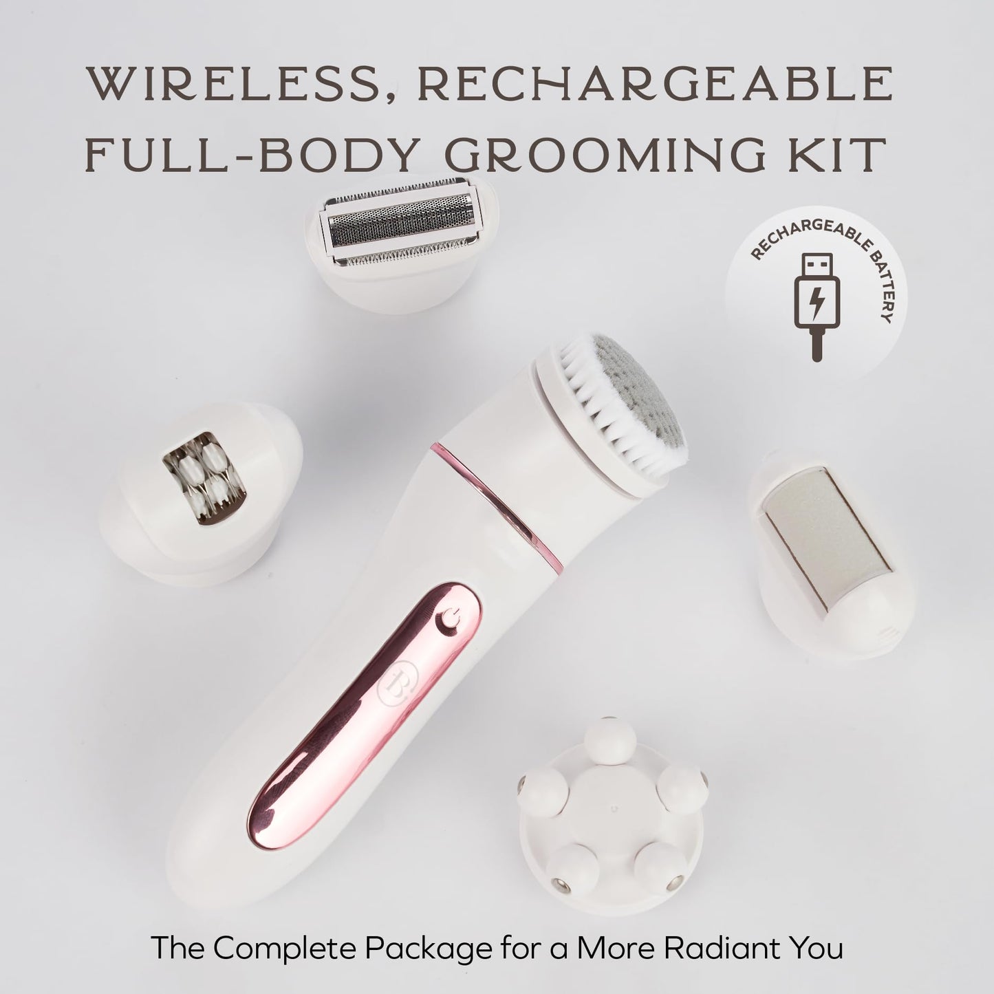 Bella Ciao 10-Piece Rechargeable Epilator Kit for Women, Wet Dry Hair Removal Device with Bikini Trimmer, Facial Brush, Callus Shaver, Foil Shaver, IPX6 Waterproof