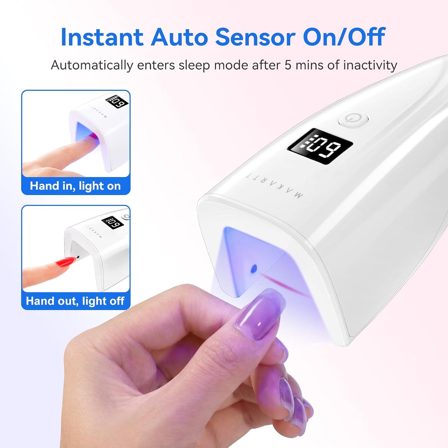 Makartt Flash Cure Nail Lamp - Portable Cordless UV LED Nail Dryer for Rhinestone Glue & Poly Nail Gel | Rechargeable Mini with LCD Display, Smart Sensor & 2 Timers