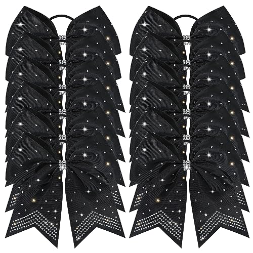 CEELGON 12 Pack Black Rhinestone Cheer Bows 7-Inch Ponytail Holders for Cheerleaders Girls Sports