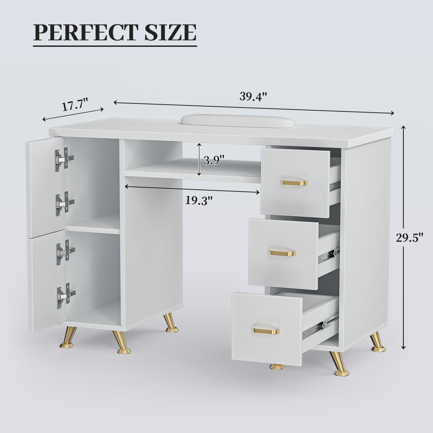 Charmmade Nail Desk for Nail Tech, Professional White Nail Desk with Wrist Pad, Acetone-Resistant Manicure Table with Storage Cabinet, Sturdy Metal Legs Nail Table for Salon, Spa, Home(White-Gold)