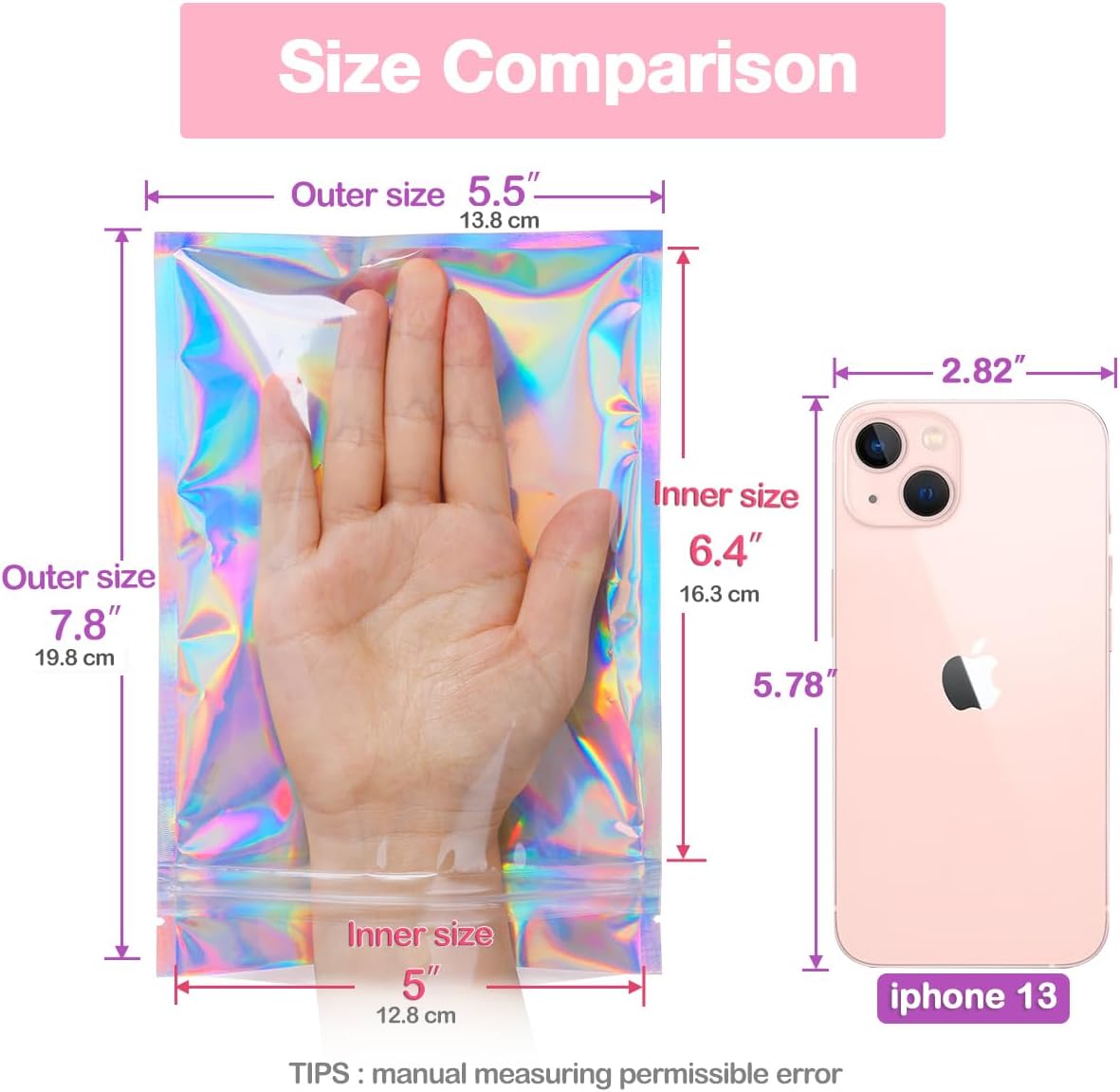Trunple Smell Proof Bags - Resealable Mylar Foil Pouches for Food Storage | Holographic Color, 50 Pcs, 5.5x8 Inch