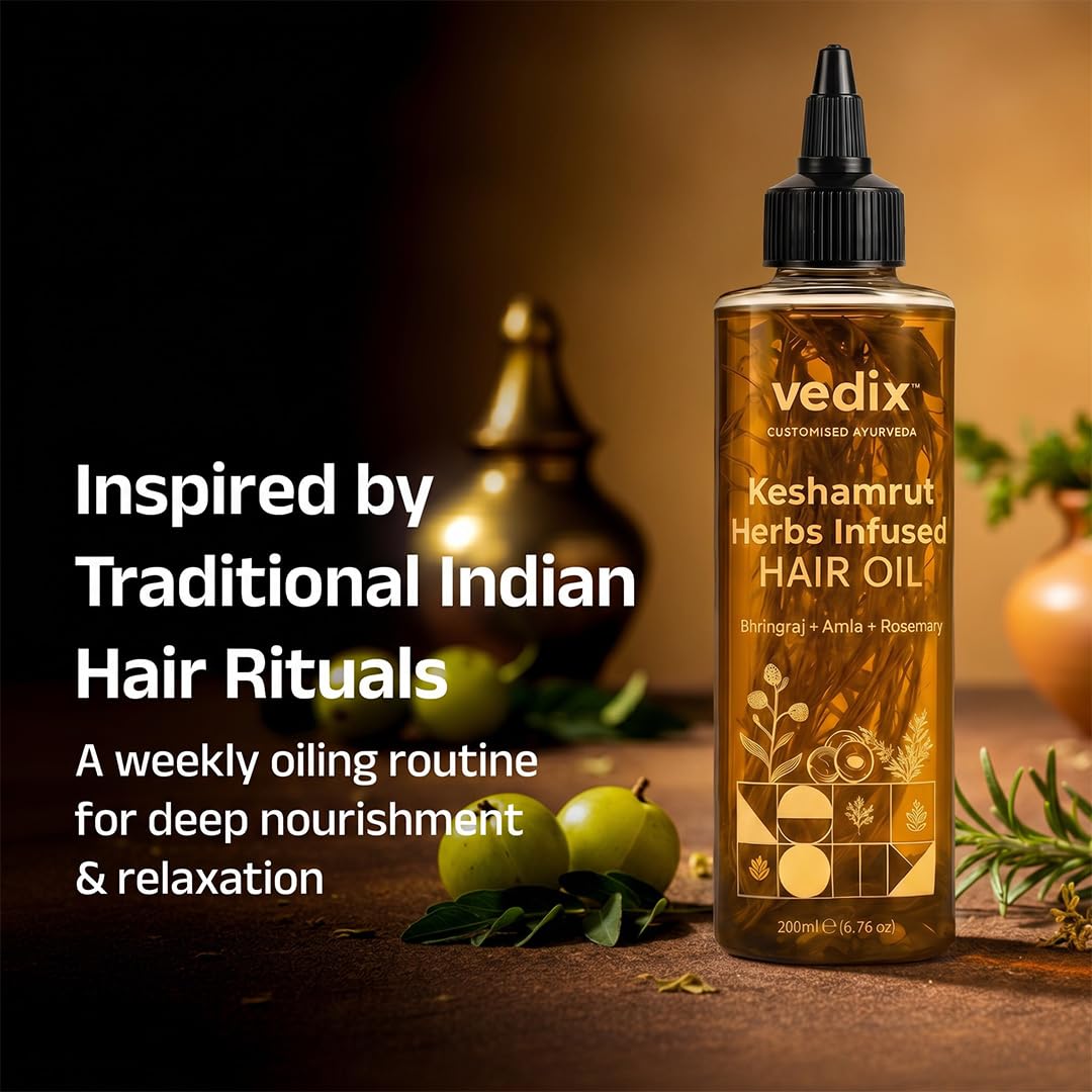 Vedix Keshamrut Herbs Infused Ayurvedic Hair Oil With Bhringraj, Amla & Rosemary I Control Hair Fall & Boost Hair Growth I 16+ Whole Herbs, Leaves & Flowers I No Mineral Oils & Chemicals (Pack of 3)